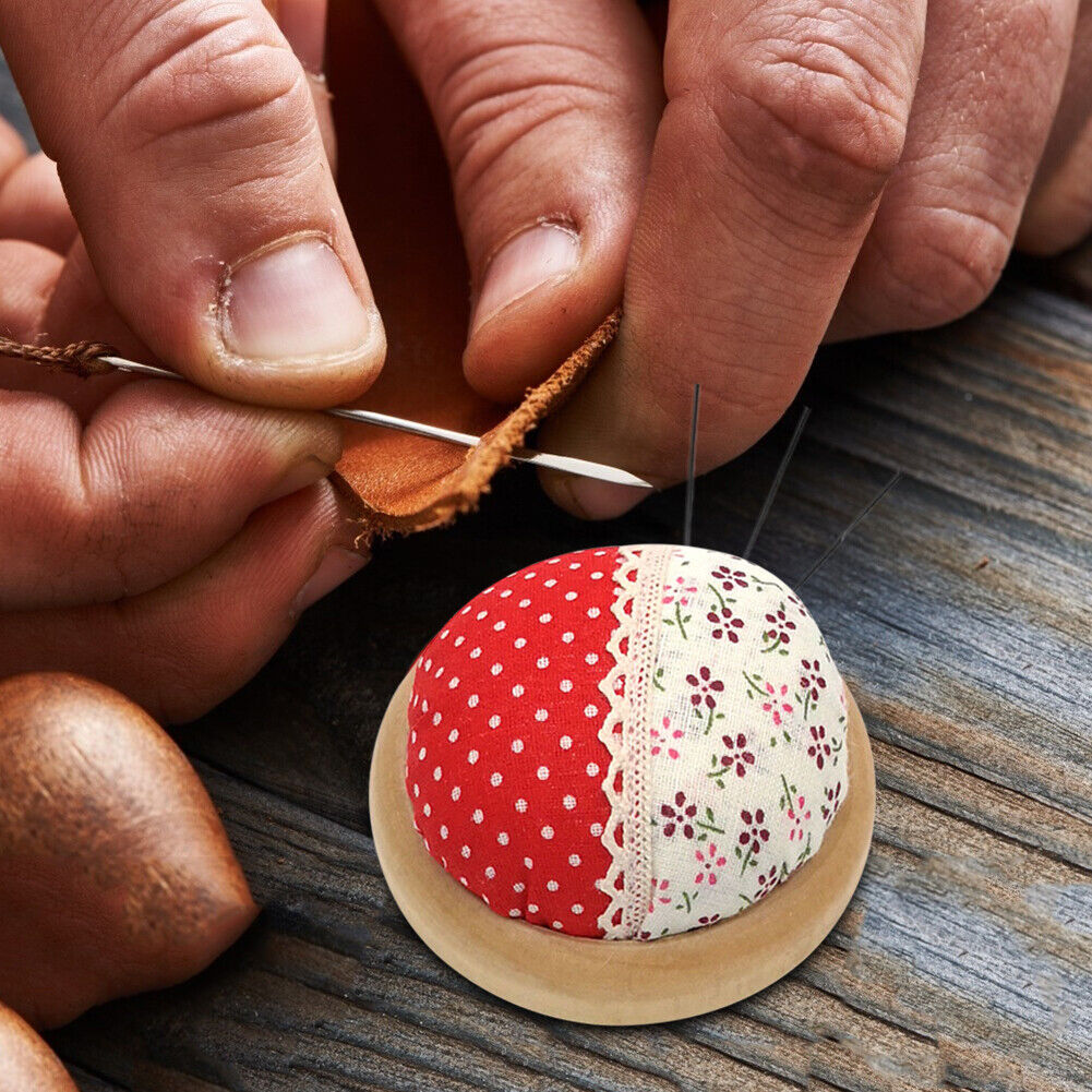 Splicing Pastoral Round Pin Cushion Wood Base Fabric Needle Storage Holder