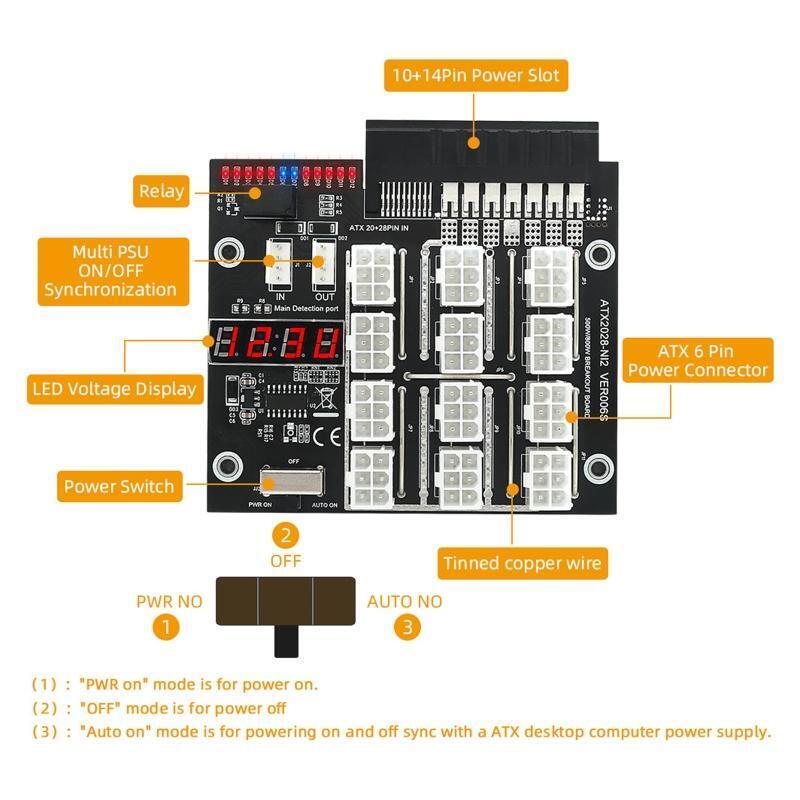 Server PSU Power Supply Breakout Board Adapter 1800W 12 Ports ATX 6 Pin for Eth