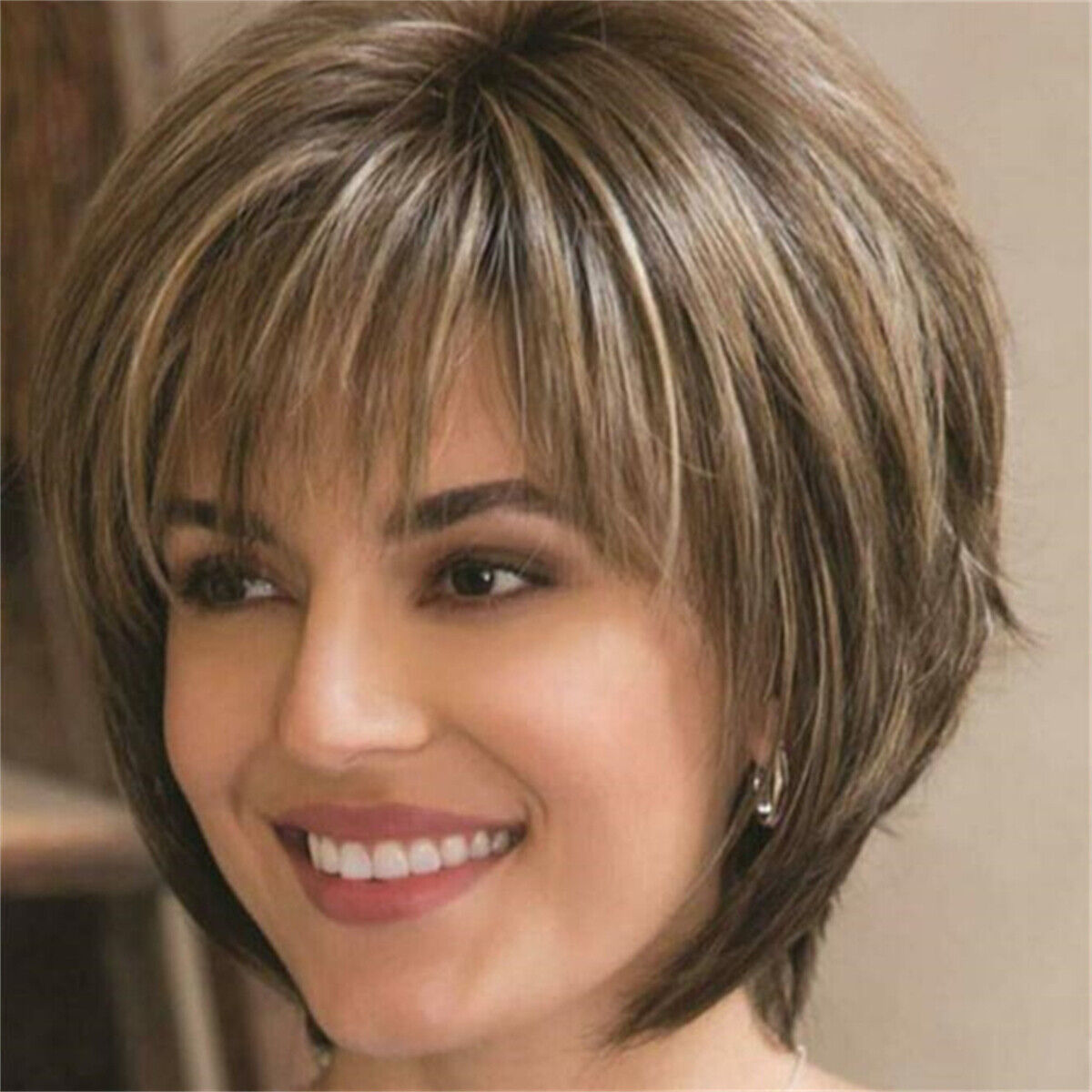 Short Straight Wig with Bangs Brown Highlight Blonde Synthetic Wigs for Women