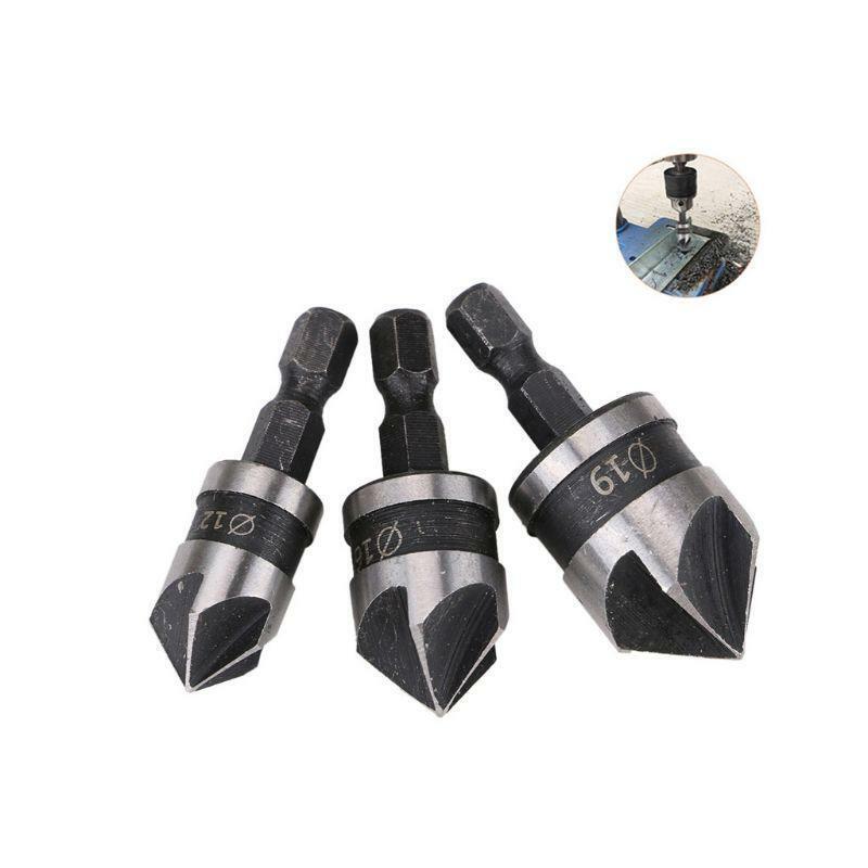 3pcs/set 90 Degree 1/4 Hex Drill Rod 5 Flute 12mm 16mm 19mm Wood Debur Counter