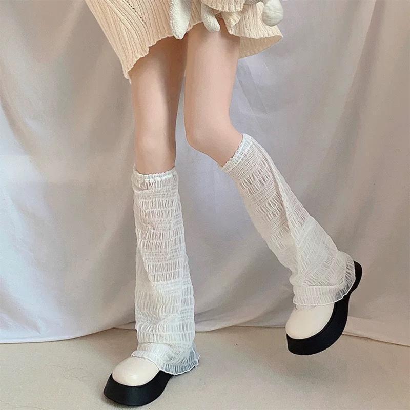Women Lolita Summer Thin Leg Warmers Pleated Wavy Striped Baggy Foot Cover Socks