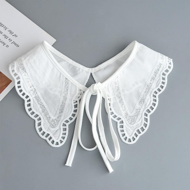 Women Crochet Sequins Patchwork Faux Collar Shawl Hollow Wavy Trim Lace-Up Cape