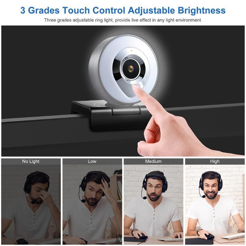 1080P Webcam Built in Adjustable Ring Light and Mic Advanced Autofocu Web Camera