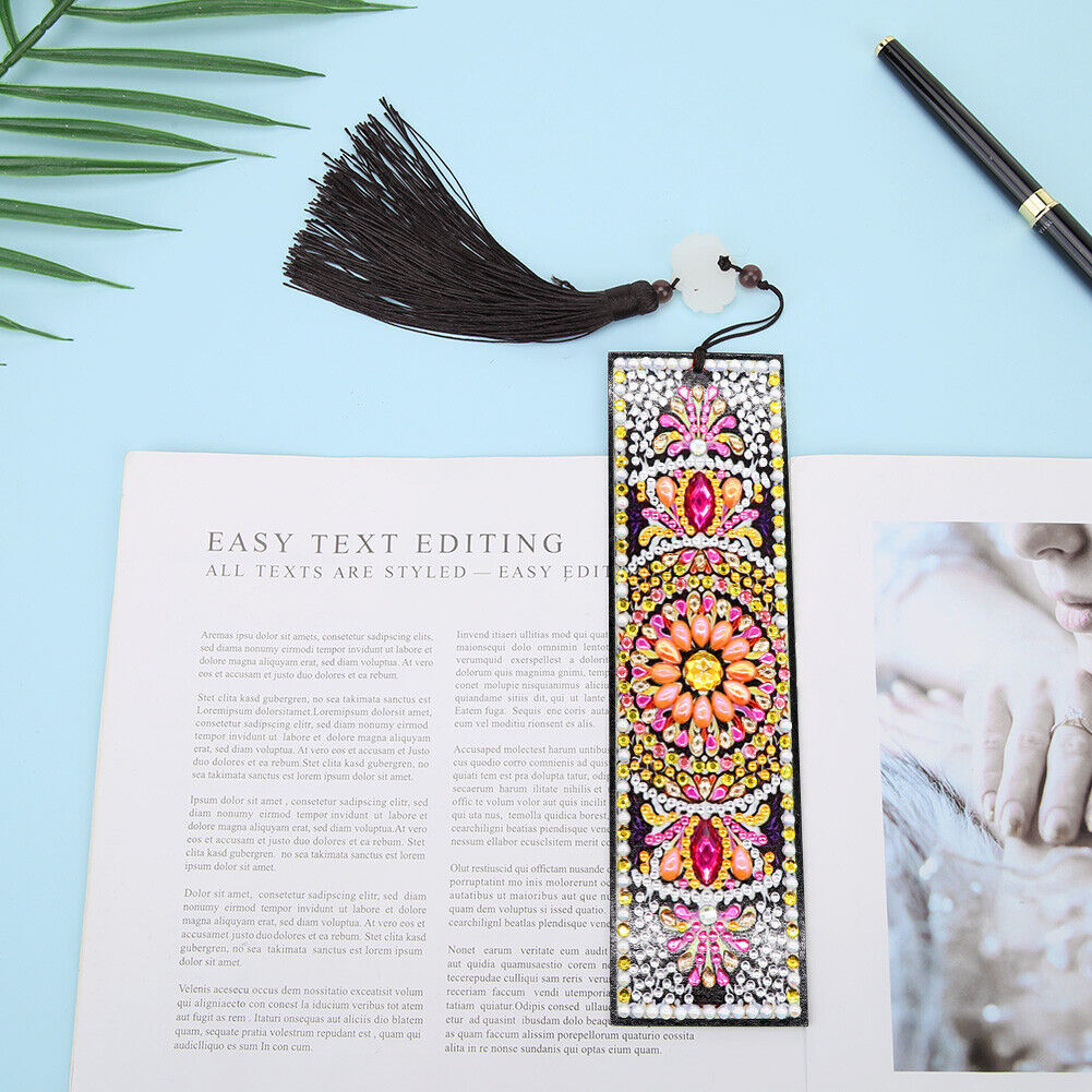 5D DIY Diamond Painting Round Plate Leather Bookmark Ornaments with Tassel