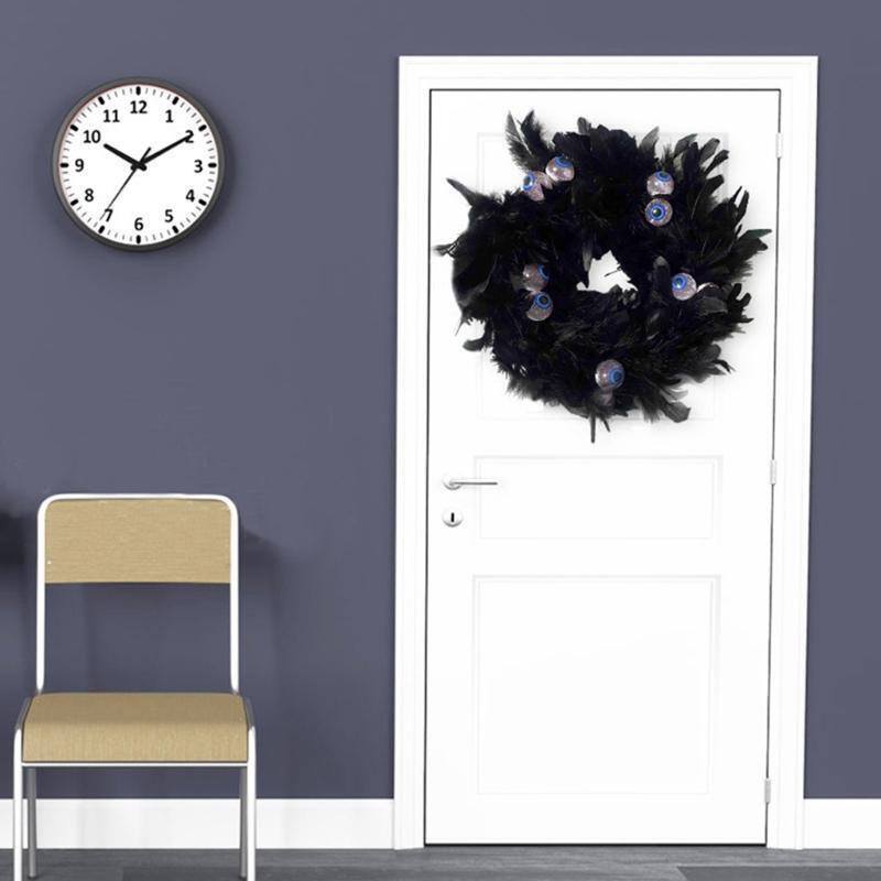 11in Black Natural Cocktail Feather Wreath with Eye Halloween Decor Door Wreath