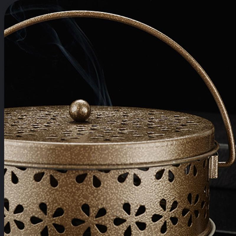 Round Iron Mosquito Incense Burner with Handle for Home (Yellow Bronze)