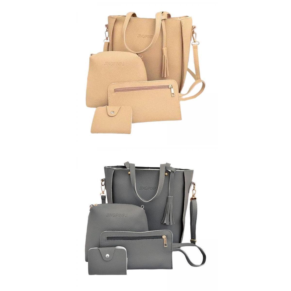 2 Set Women PU Leather Handbags Set Zipper Closure Gray+Khaki
