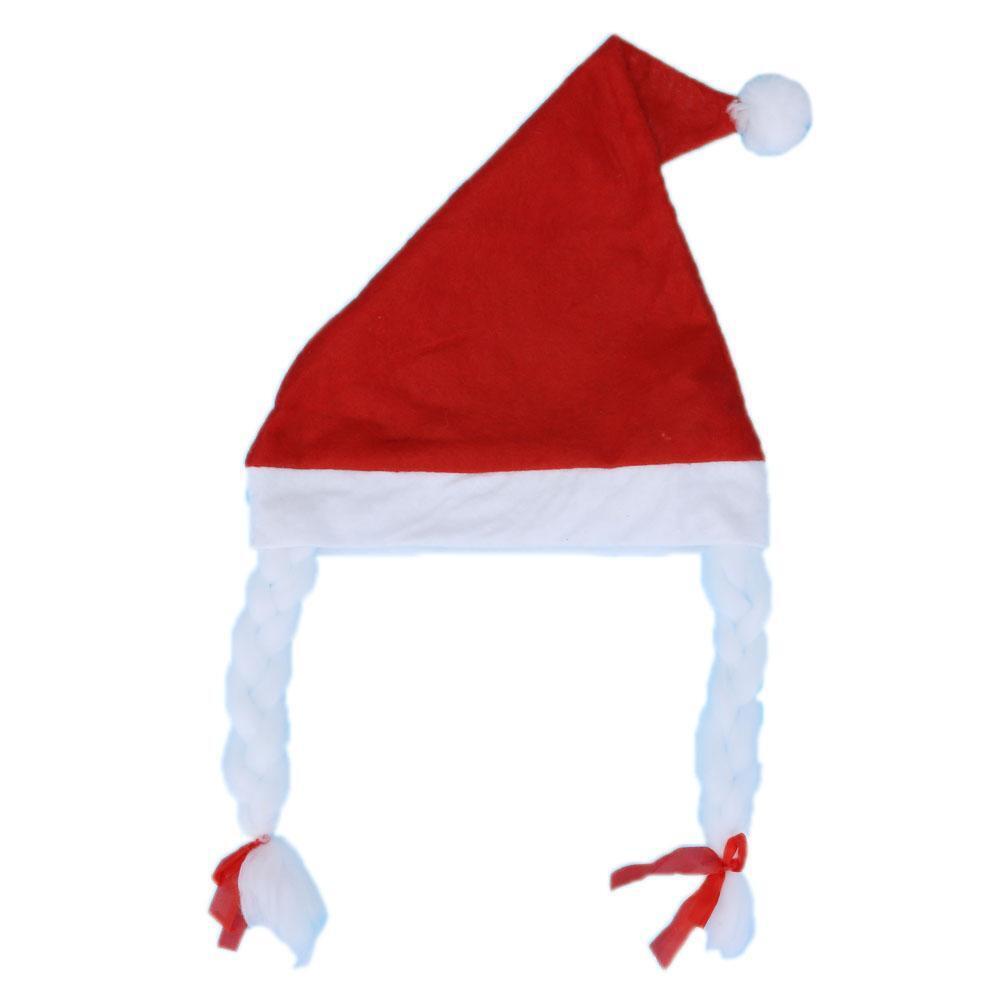 Cute White Rim Santa Christmas Hat Xmas Bonnet Decoration With Braids