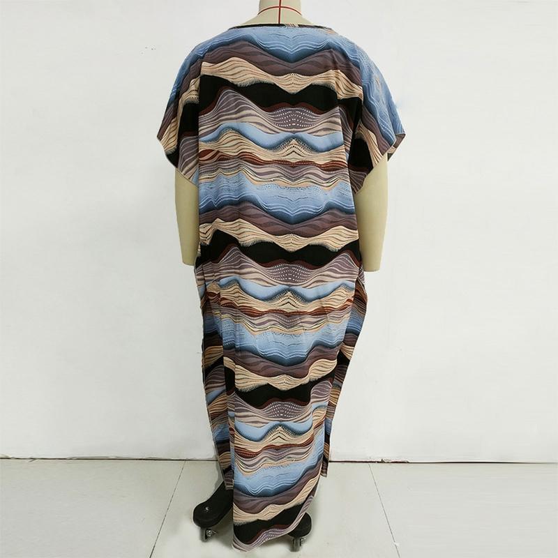 Women Beach Half Sleeve Maxi Dress Turkish Kaftan Wave Striped Bikini Cover Up