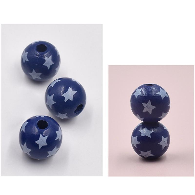 Independence Day Wood Beads 10 Pcs Round Patriotic Star Wooden Bead