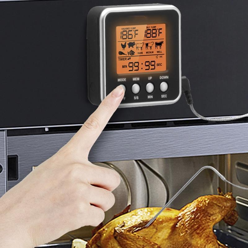Cooking Food Candy Thermometer Timer with Stainless Steel Probe Backlight