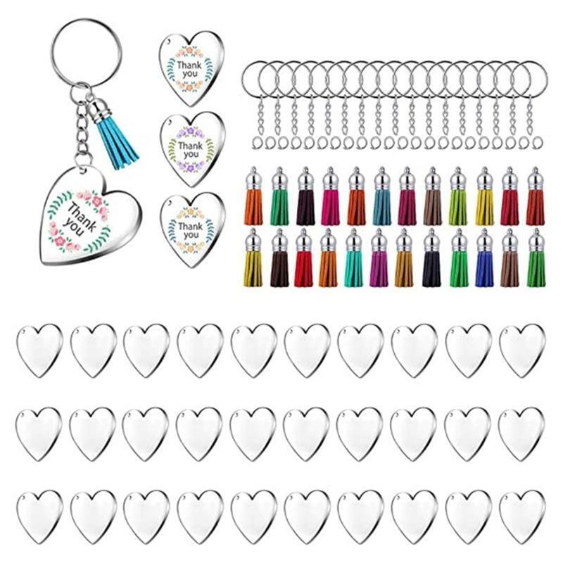 90Pcs Acrylic Discs Clear Heart Keychain Blanks Charms Colourful Tassel Key Ring