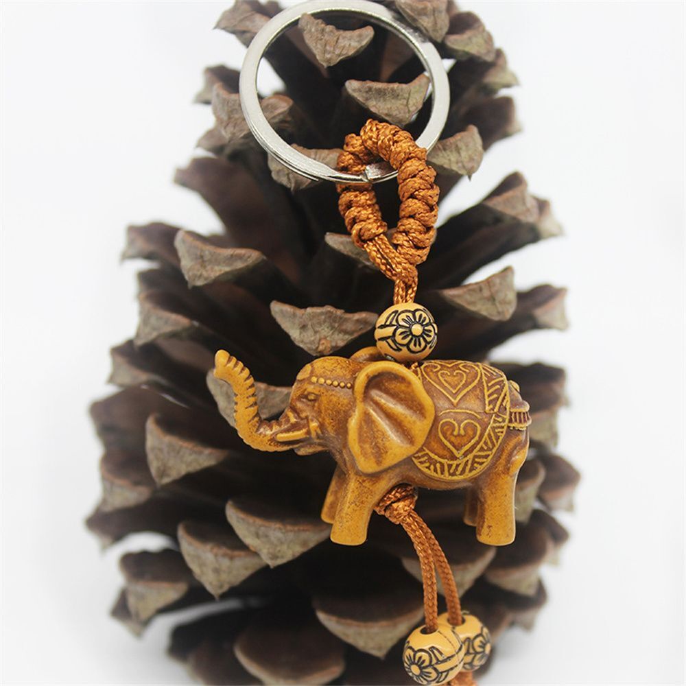 Animal Shape Elephant Carving Pendant Key Ring Wooden Keychain Key Holder