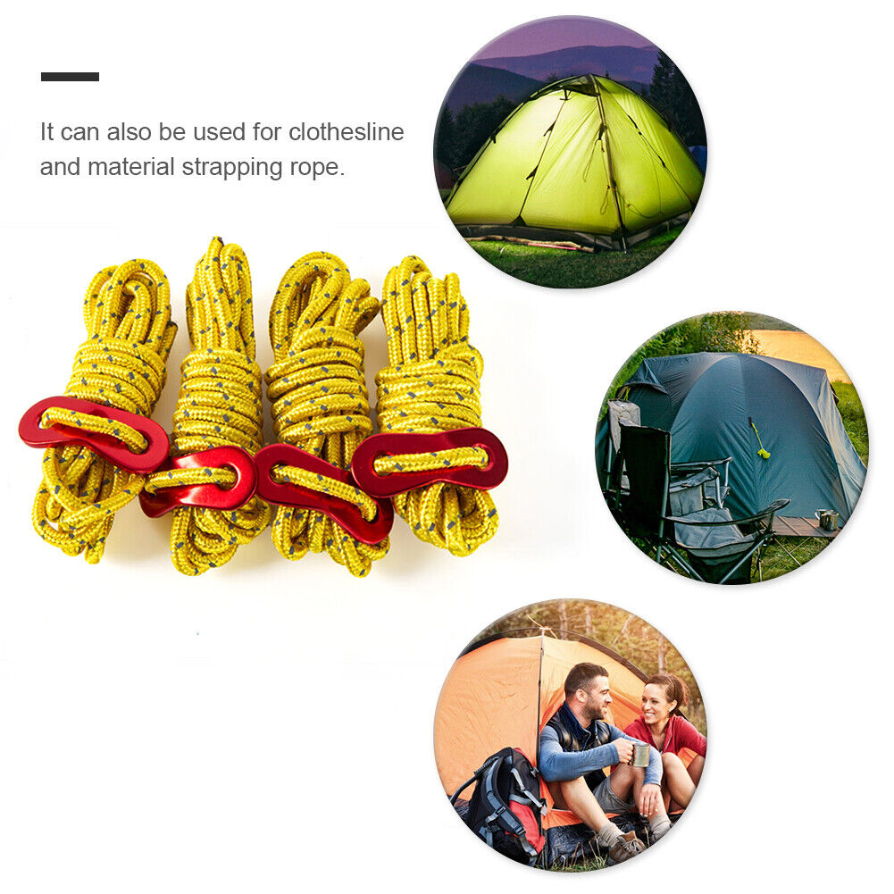 4x 4mm Tent Wind Rope Cord Camping Reflective Lanyard with Buckle (Yellow)