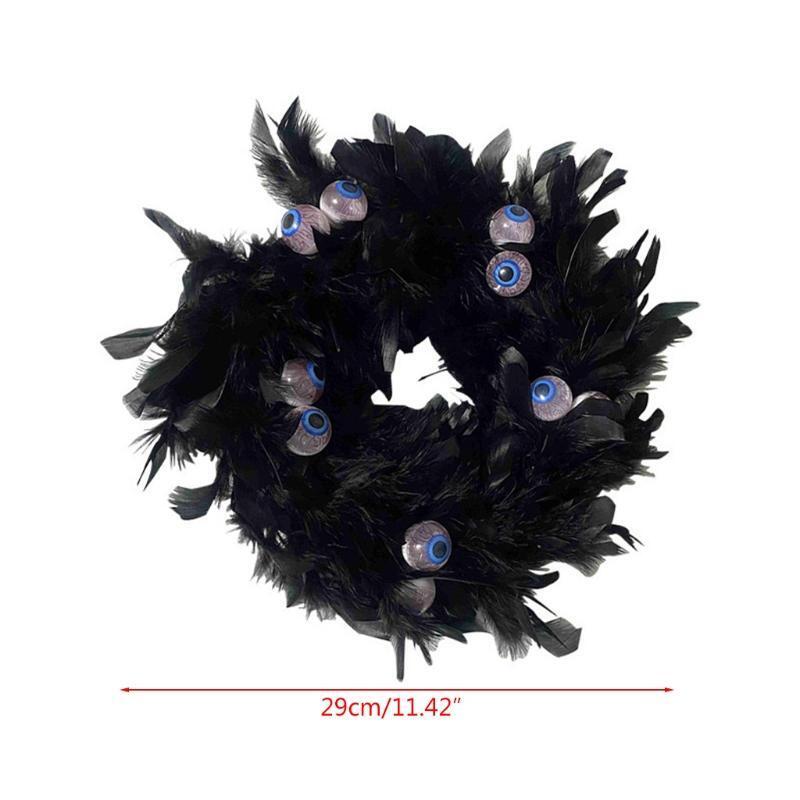 11in Black Natural Cocktail Feather Wreath with Eye Halloween Decor Door Wreath