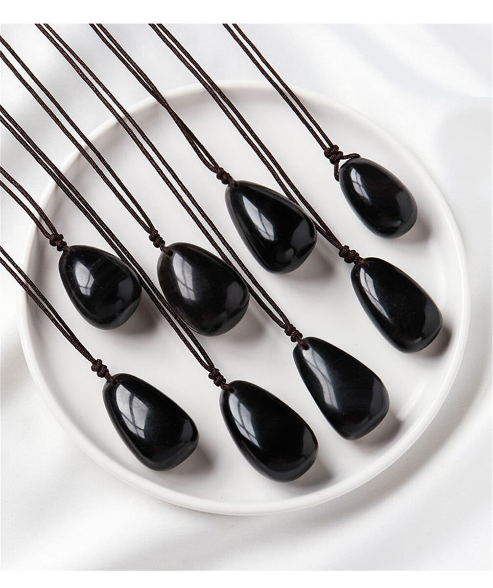Black Obsidian Necklace Pendant Stone Waterdrop Shape Crystal Beaded Chain