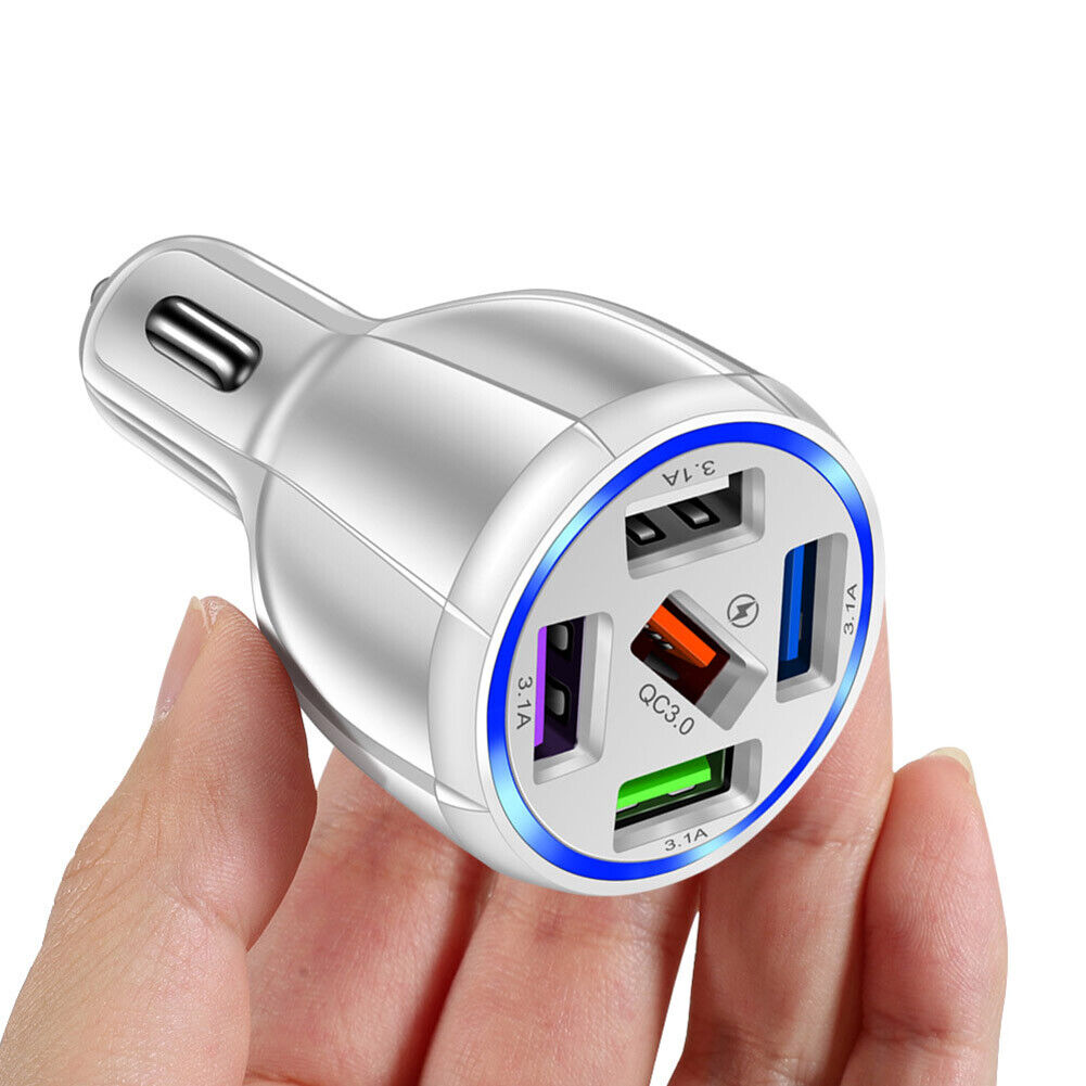 5USB QC3.0 Car Charger 3.1A Multi Ports Phone Fast Quick Charging (White)