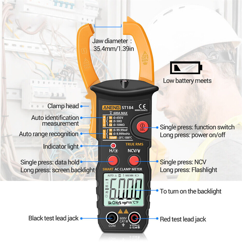 ST184 Digital Clamp Meter Multimeter AC/DC Voltage Current Tester (Yellow)