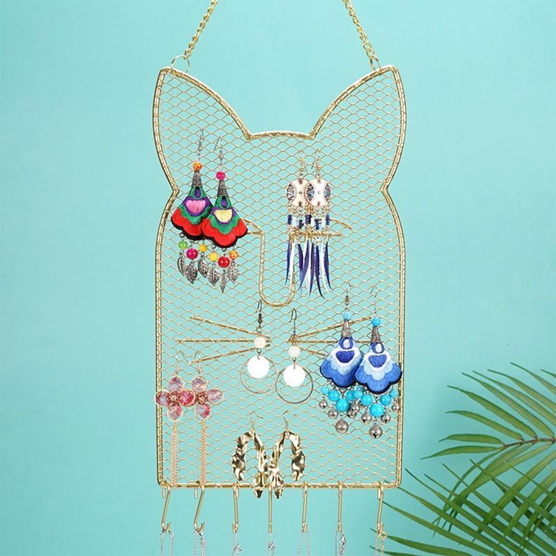 Metal Grid Cat Shaped Wall Shelf Earring Organizer Jewelry Holder Bracelet Ring
