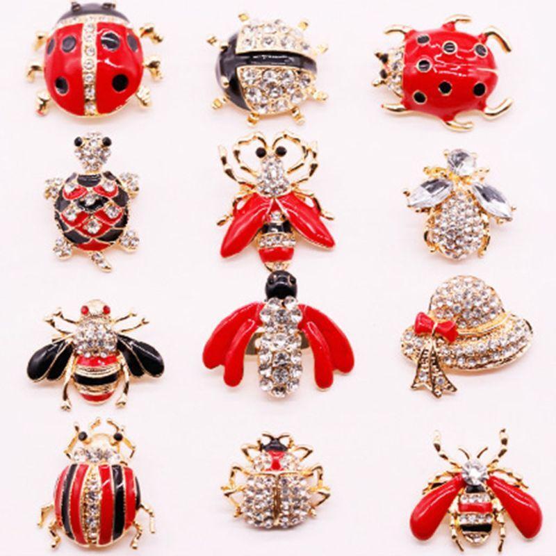 12 Pieces Mixed Crystal and Enameled Insect Bee and Ladybird Brooch Pins Sets or