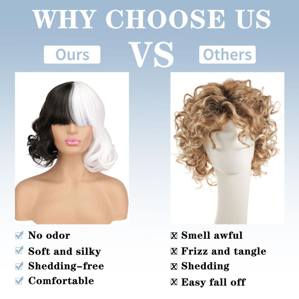 2pcs Black White Wig with Bangs Women Girls Short Curly Bob Costume Cap