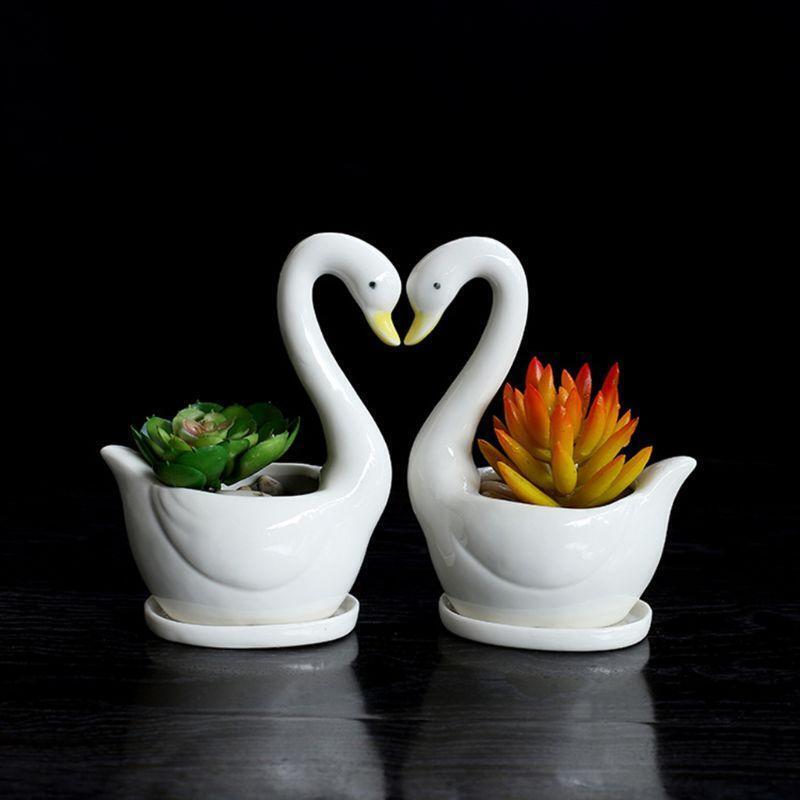 White Swan Ceramic Flower Pot Succulent Plant Flowerpot Planter Desktop Home DIY