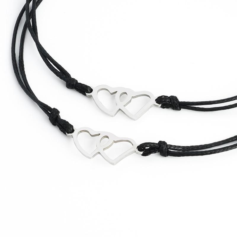Creative Stainless Steel Heart-shaped Waxed Braided Card Bracelet 2-piece Set