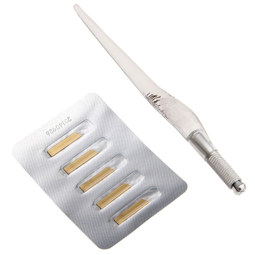 2 in 1 Set 5.79in Manual Eyebrow Tattoo Pen & 5Pcs 14pin Needles Bevel Blades