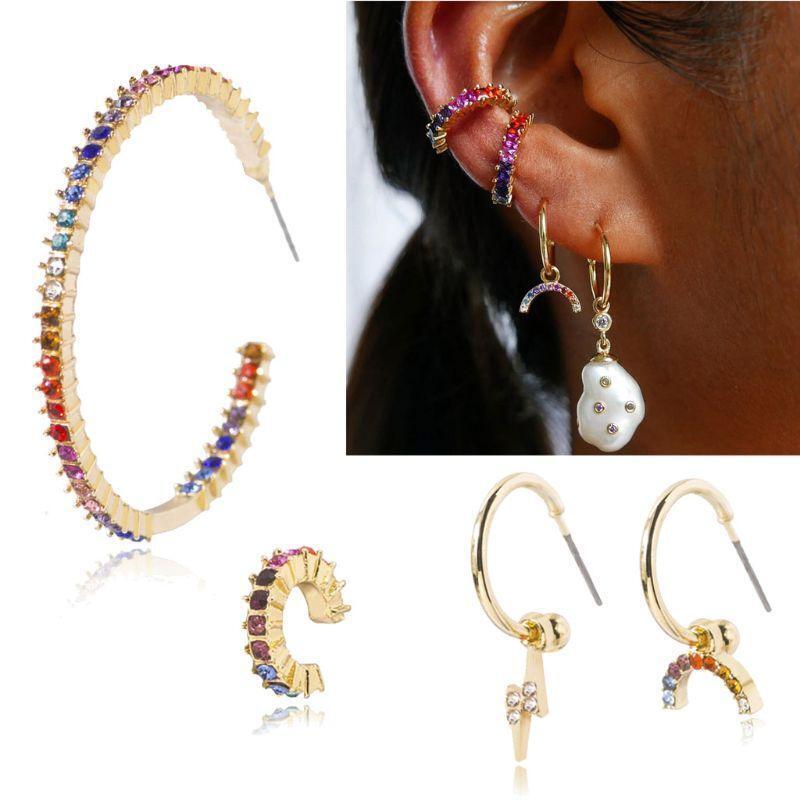 4Pcs CZ Stone Stud Earrings Kit Rainbow Crystal Hoop Earrings Fashion Jewelry