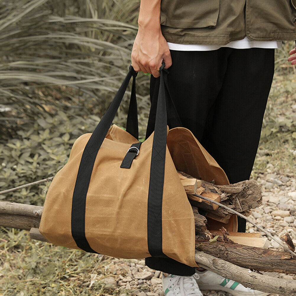 Firewood Storage Bag Wax Canvas Portable Outdoor Camp Logging Carrier Pouch
