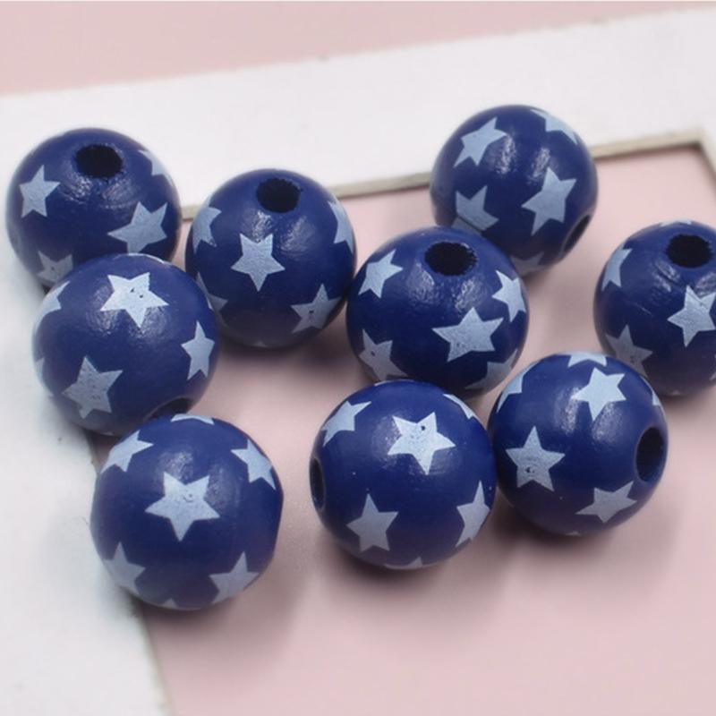 Independence Day Wood Beads 10 Pcs Round Patriotic Star Wooden Bead
