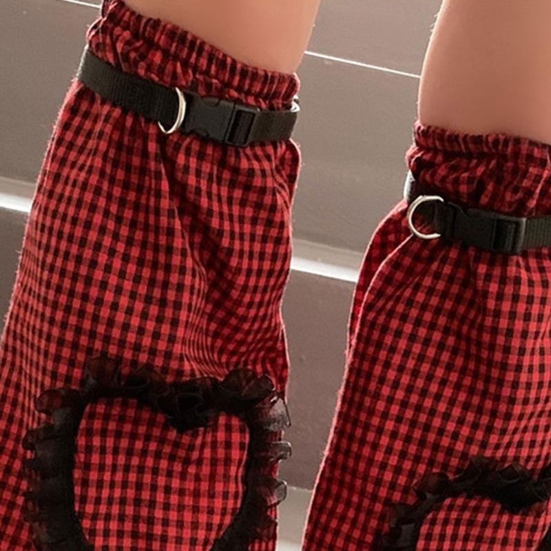Women Goth Punk Plaid Leg Warmers with Belt Ruffle Lace Heart Foot Cover Socks