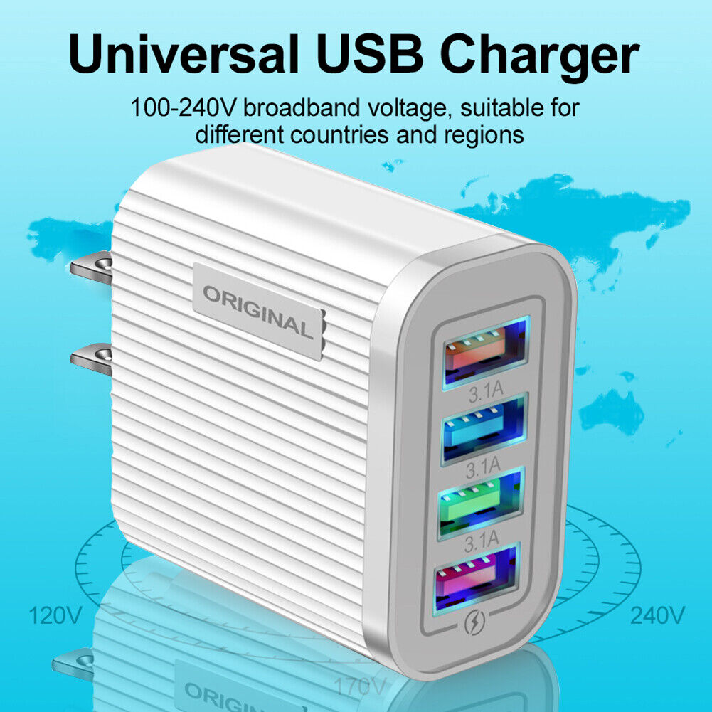 4 USB Mobile Phone Charger 3.1A EU/US Plug Wall Charging Head (White US)