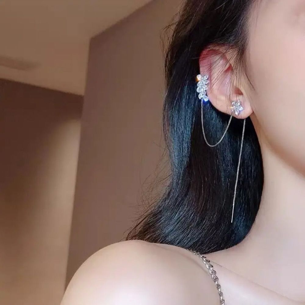 Chain Crystal Water Flower Ear Clip Ear Bone Tassel Earring Stud Earring