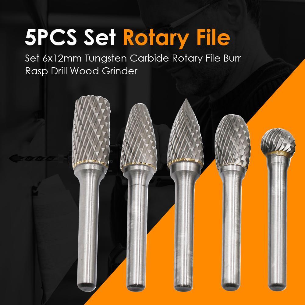 5pcs/set 6x12mm Tungsten Carbide Rotary File Burr Rasp Drill Wood Grinder