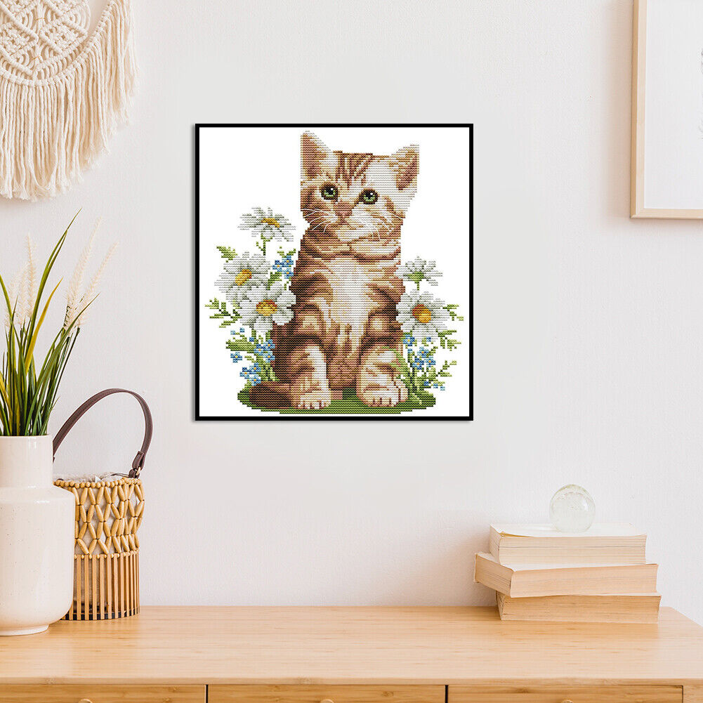 Flower Cat Partial Cross Stitch 14CT Counted Embroidery DIY Animal Crafts