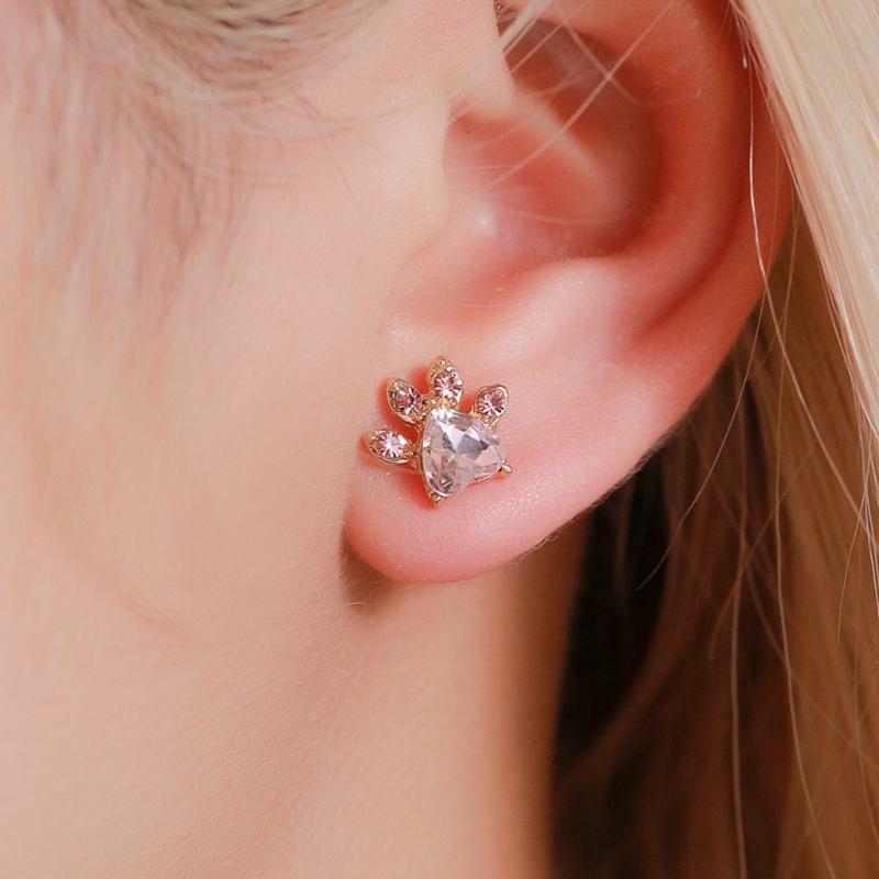 Fashion Finger Ring Pink Crystals Cat Paw Pendant Necklace Earrings Bracelet Ins