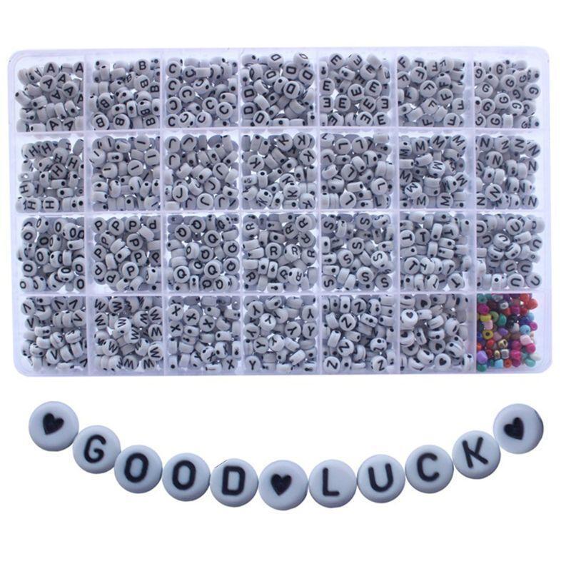 1600Pcs Black A-Z Letter Alphabet Heart White Round Beads DIY Jewelry Making