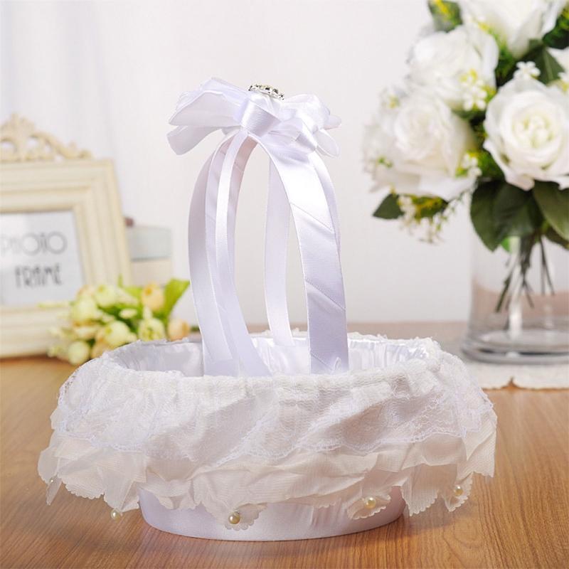 Flower Basket for Wedding Ceremony Small Satin White Flower Girl Baskets
