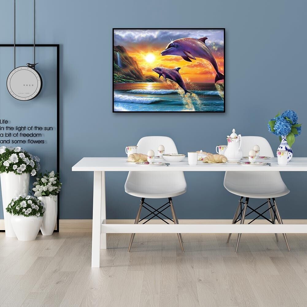 Diamond Painting Sunset Dolphin DIY Full Round Drill Wall Picture 40x30cm