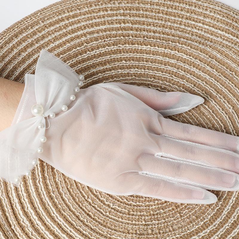 Wedding Gloves Wrist Length Sheer Short White Tulle with Bows Embellishment