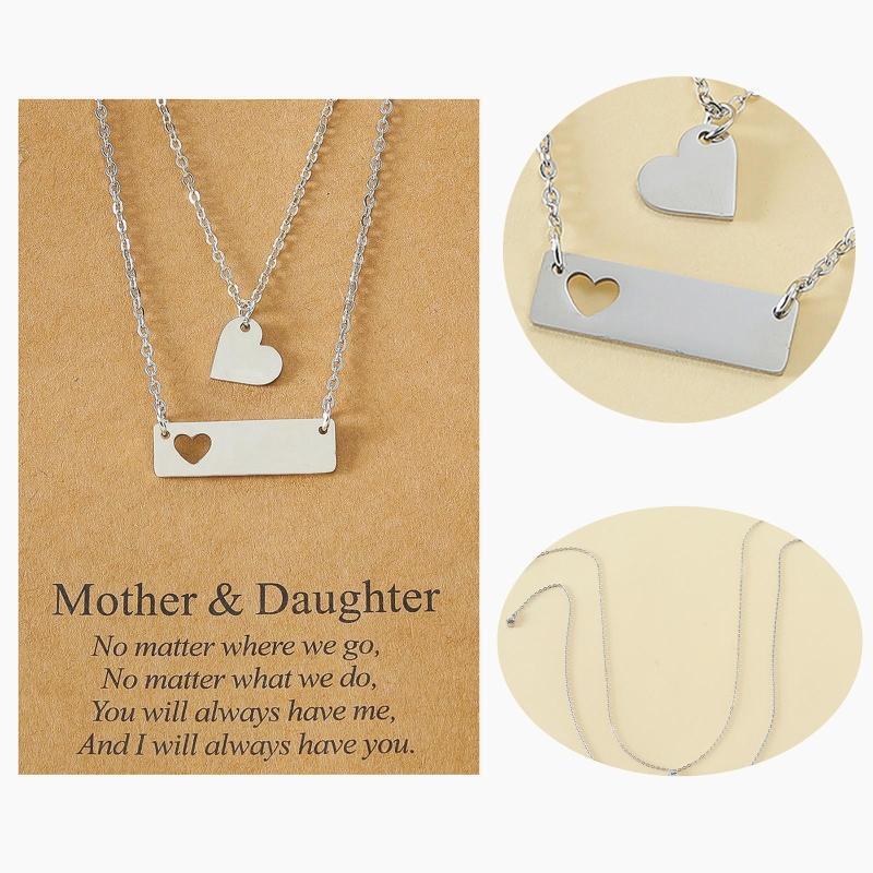2Pcs Mother Daughter Bar Necklace Set Horizontal Bar Necklace with Cutout Heart