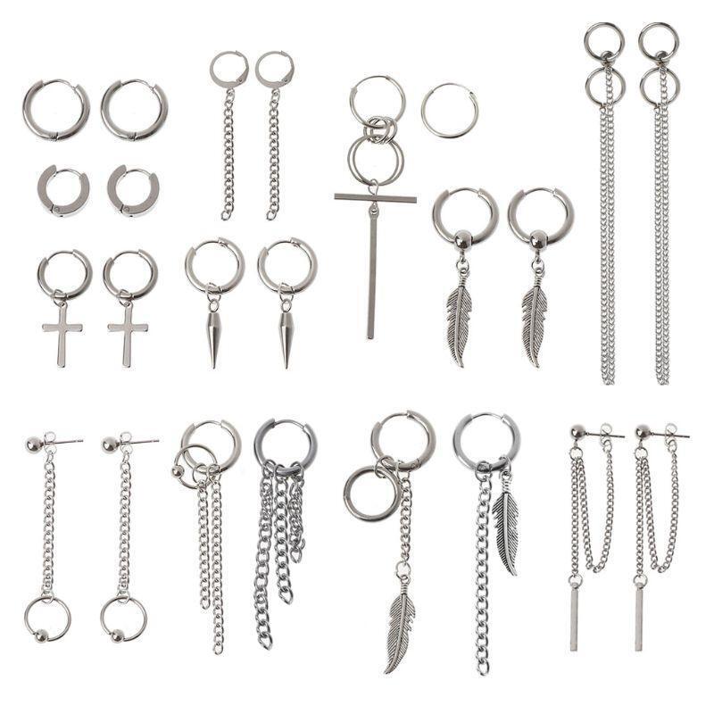 12-Pair Chain Dangle Hoop Earrings Titanium Steel Fashion Cross Feather Earrings