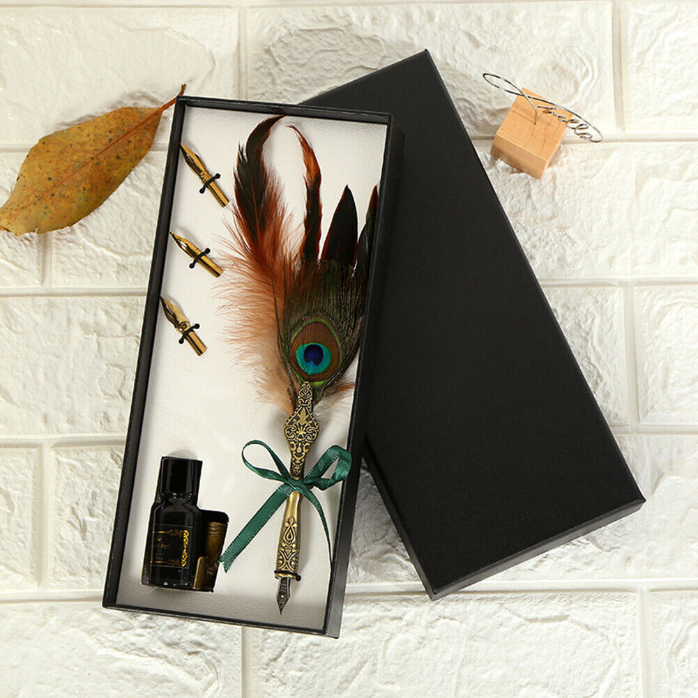 Feather Writing Quill Pen Ink Bottle Set Collection Calligraphy Stationery