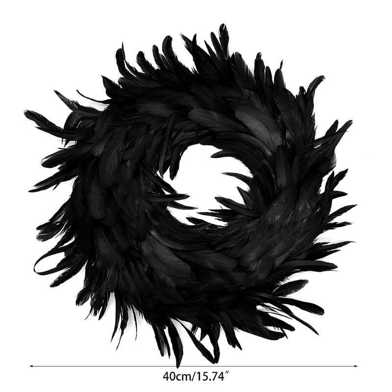 15.7in Natural Feathers Wreath Front Door Black Feather Wreath Halloween Decor