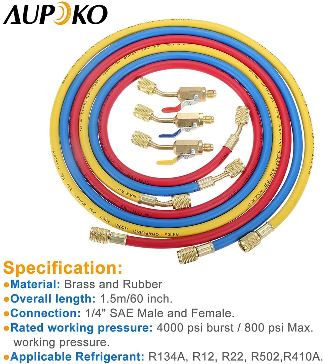 HQ AC Refrigerant Charging Hoses with Ball Valve R410A HVAC Hose Kits 3 Colour