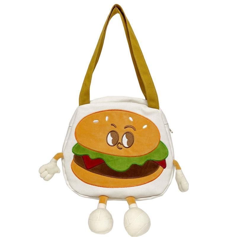 Canvas Shoulder Bag with Zipper Wear-Resistant Cute Cartoon Burger Design Bags