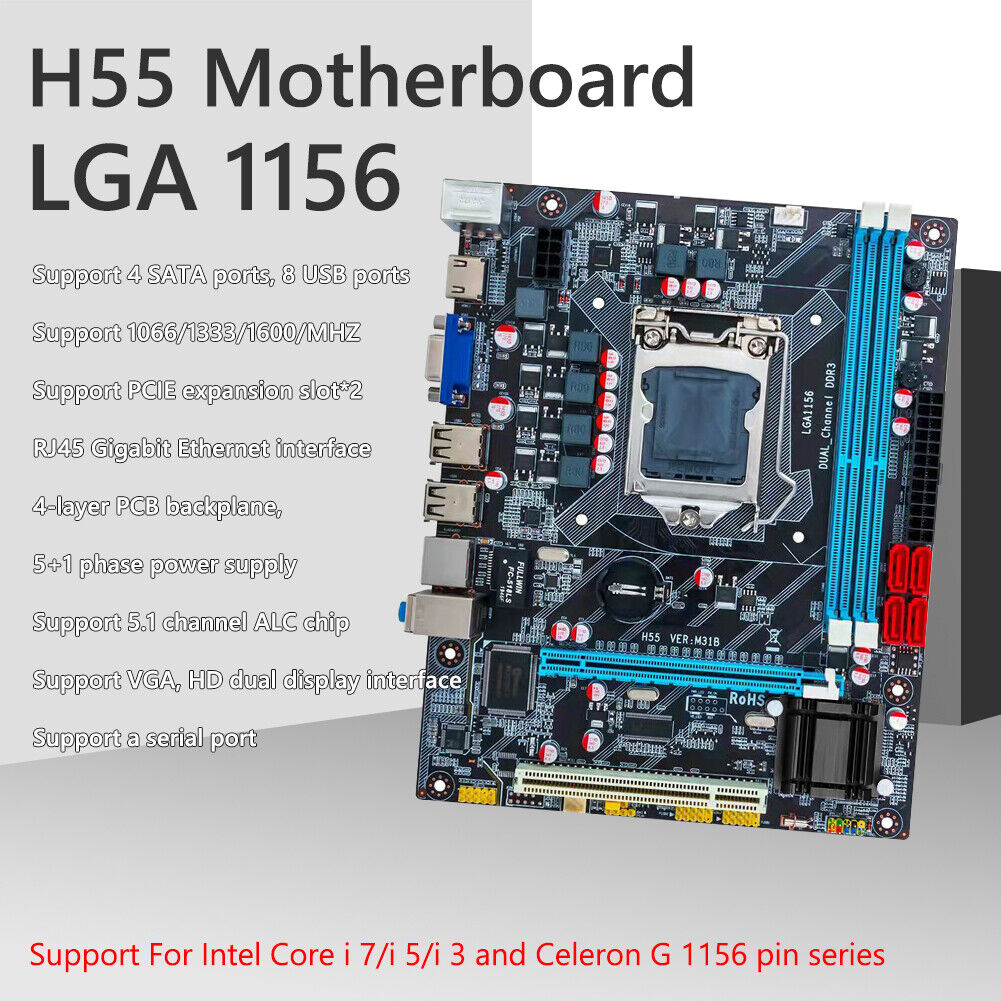 Computer H55 Motherboard SATA USB2.0 DDR3 for LGA 1156/i3/i5/i7 Game Board