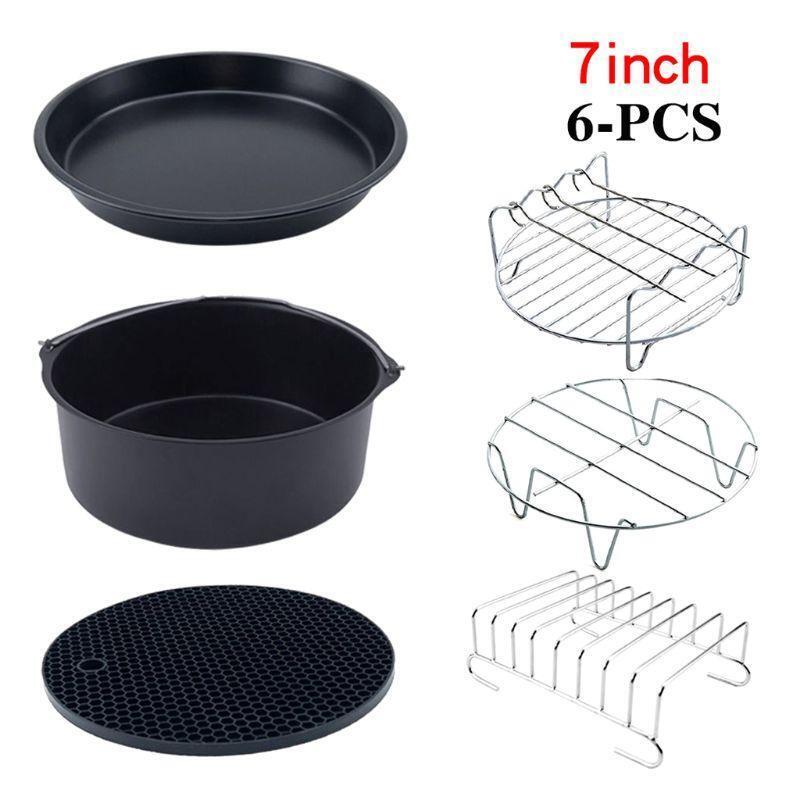 6pcs/set 7 Inch Pizza Pan Air Fryer Accessories Baking Grill Rack Cake Barrel