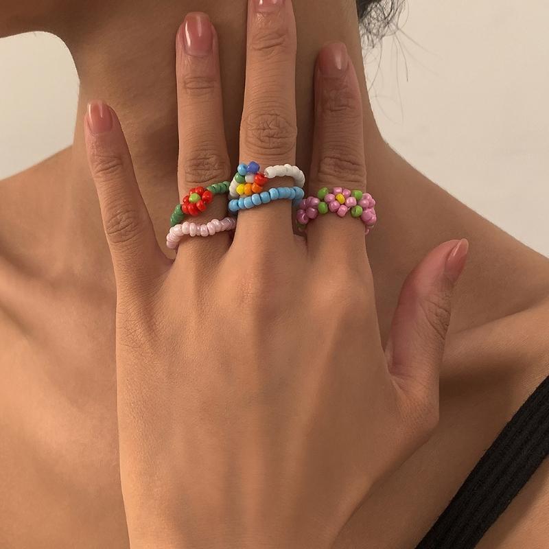 5PCS/Set Boho Beach Rings Colorful Jewelry Ring Rice Bead Ring Flower Ring Girl